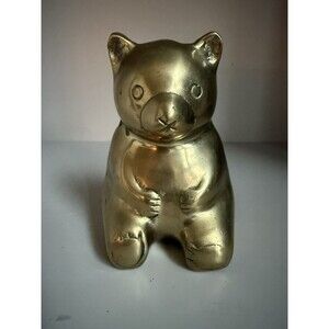 Vintage Solid Brass Teddy Bear Figurine Coin Bank Nursery Decor 5.5”